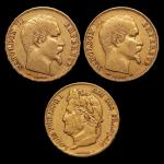 FRANCE, 3 x 20 francs or, 1840, 1856 et 1859....