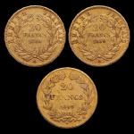 FRANCE, 3 x 20 francs or, 1840, 1856 et 1859....