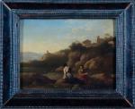 Johannes VAN HAENSBERGEN (1642-1705). 
Paysage italianisant avec un couple de...