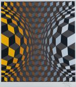 Victor VASARELY (1906-1997).
"Double globe jaune & argent".
Lithographie signée, justifiée "Bon...