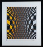 Victor VASARELY (1906-1997).
"Double globe jaune & argent".
Lithographie signée, justifiée "Bon...